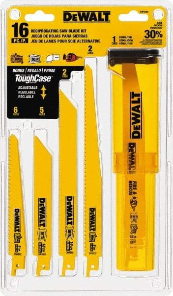 DeWALT - 16 Pieces, 6" to 9" Long x 0.04" Thickness, Bi-Metal Reciprocating Saw Blade Set - Straight Profile, 6 to 18 Teeth, Toothed Edge - Americas Industrial Supply