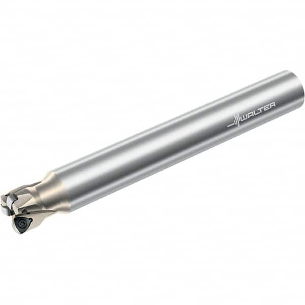 Walter - 21° Lead Angle, 1-1/4" Max Cut Diam, 0.793" Min Cut Diam, 0.039" Max Depth of Cut, Indexable Chamfer & Angle End Mill - 3 Inserts, P23696 Insert Style, 10" OAL, Through Coolant, Straight Shank - Americas Industrial Supply