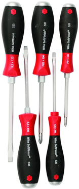 5 Piece - SoftFinish® Cushion Grip Extra Heavy Duty Screwdriver w/ Hex Bolster & Metal Striking Cap Set - #53075 - Includes: Slotted 4.5 - 6.5mm Phillips #1 - 2 - Extra Heavy Duty - Americas Industrial Supply