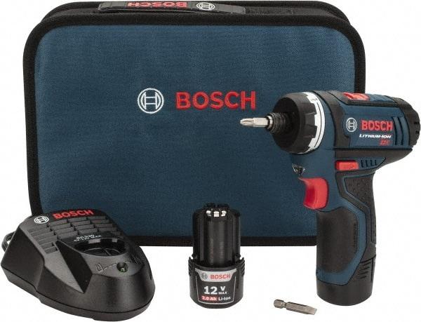 Bosch - 12 Volts, Lithium-Ion Battery, 1/4 Inch Keyless Chuck, Pistol Grip Cordless Drill - 600 RPM, 265 Inch/Lbs. Torque, 2 Speed, Reversible, Includes (2) Lithium-Ion 12V Max Batteries, 30 Minute Charger, Carrying Case - Americas Industrial Supply