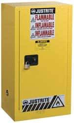Justrite - 1 Door, 1 Shelf, Yellow Steel Space Saver Safety Cabinet for Flammable and Combustible Liquids - 44" High x 23-1/4" Wide x 18" Deep, Self Closing Door, 15 Gal Capacity - Americas Industrial Supply