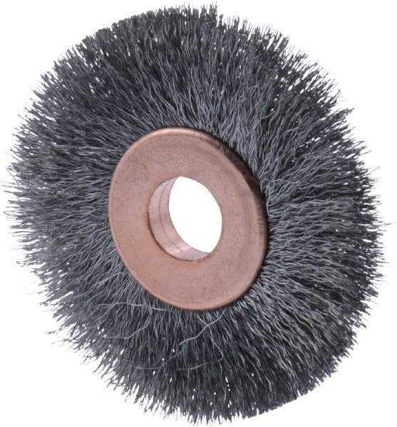 Osborn - 1-1/2" OD, 1/4" Arbor Hole, Crimped Steel Wheel Brush - 1/8" Face Width, 21/64" Trim Length, 0.003" Filament Diam, 20,000 RPM - Americas Industrial Supply