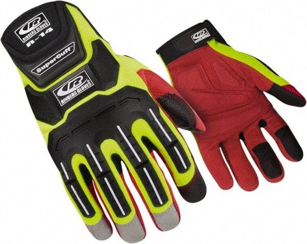 Ringers Gloves - Size M (9), ANSI Cut Lvl 1, Cut & Puncture Resistant Gloves - Hook & Loop Cuff, Hi-Vis Yellow/Red/Black, Paired - Americas Industrial Supply