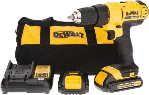 DeWALT - 20 Volt 1/2" Chuck Pistol Grip Handle Cordless Drill - 0-450 & 0-1500 RPM, Single-Sleeve Ratcheting Chuck, Reversible, 2 Lithium-Ion Batteries Included - Americas Industrial Supply