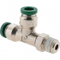 Parker - 1/4" Outside Diam, 1/8 NPTF, Nickel Plated Brass Push-to-Connect Tube Male Swivel Run Tee - 300 Max psi, Tube to Male NPT Connection, Nitrile O-Ring - Americas Industrial Supply