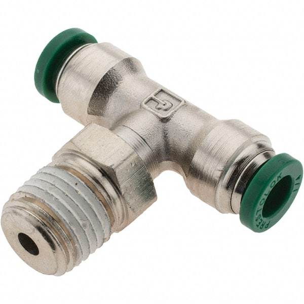 Parker - 1/4" Outside Diam, 1/4 NPTF, Nickel Plated Brass Push-to-Connect Tube Male Swivel Branch Tee - 300 Max psi, Tube to Male NPT Connection, Nitrile O-Ring - Americas Industrial Supply
