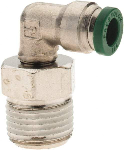 Parker - 1/4" Outside Diam, 3/8 NPTF, Nickel Plated Brass Push-to-Connect Tube Male Swivel Elbow - 300 Max psi, Tube to Male NPT Connection, Nitrile O-Ring - Americas Industrial Supply