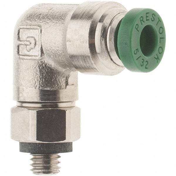Parker - 5/32" Outside Diam, 10-32 UNF, Nickel Plated Brass Push-to-Connect Tube Male Swivel Elbow - 300 Max psi, Tube to Male UNF Connection, Nitrile O-Ring - Americas Industrial Supply