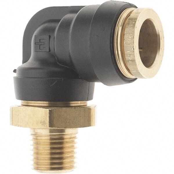 Parker - 1/2" Outside Diam, 1/4 Thread, Brass Push-to-Connect Tube Male Elbow - 250 Max psi, Tube to Male NPT Connection - Americas Industrial Supply