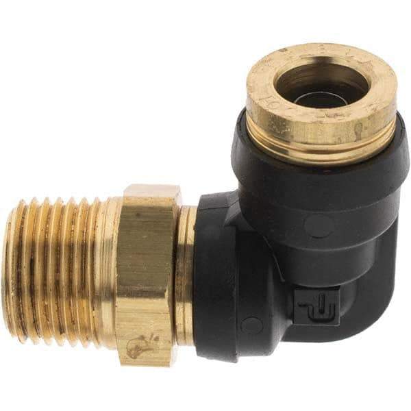 Parker - 3/8" Outside Diam, 3/8 Thread, Brass Push-to-Connect Tube Male Elbow - 250 Max psi, Tube to Male NPT Connection - Americas Industrial Supply