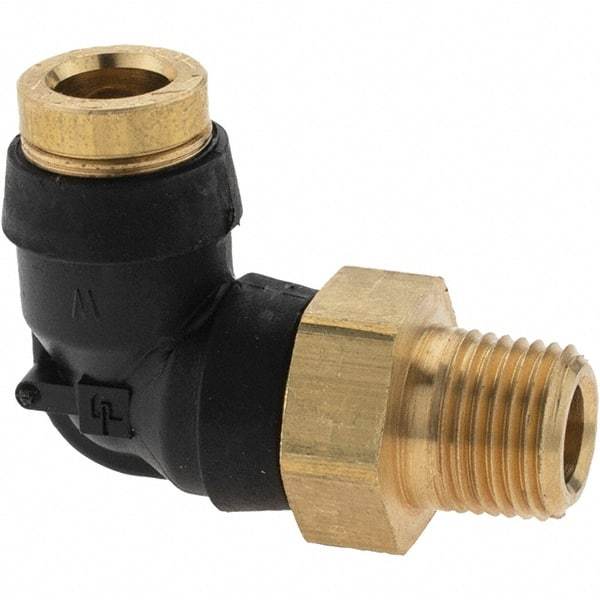Parker - 1/4" Outside Diam, 1/8 Thread, Brass Push-to-Connect Tube Male Elbow - 250 Max psi, Tube to Male NPT Connection - Americas Industrial Supply