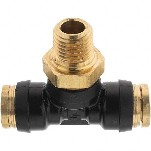 Parker - 3/8" Outside Diam, 1/4 Thread, Brass Push-to-Connect Tube Male Branch Tee - 250 Max psi, Tube to Male NPT Connection - Americas Industrial Supply