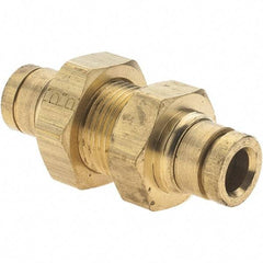 Parker - 1/4" Outside Diam, Brass Push-to-Connect Tube Bulkhead Union - Nitrile O-Ring - Americas Industrial Supply