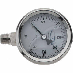 Value Collection - 2-1/2" Dial, 1/4 Thread, 0-30 Scale Range, Pressure Gauge - Lower Connection Mount, Accurate to 2-1-2% of Scale - Americas Industrial Supply
