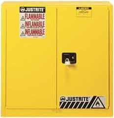 Justrite - 2 Door, 3 Shelf, Yellow Steel Standard Safety Cabinet for Flammable and Combustible Liquids - 44" High x 43" Wide x 18" Deep, Manual Closing Door, 3 Point Key Lock, 40 Gal Capacity - Americas Industrial Supply