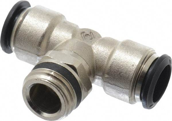 Alpha Technologies - 14mm Outside Diam, 1/2 Universal, Nickel Plated Brass Push-to-Connect Tube Male Swivel Branch Tee - 250 Max psi, Tube to Universal Thread Connection, Buna O-Ring - Americas Industrial Supply