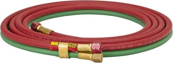Parker - 1/4" Inside x 17/32" Outside Diam, Grade T Welding Hose - Green & Red, 12-1/2' Long, Twin Style, 200 psi Working Pressure - Americas Industrial Supply