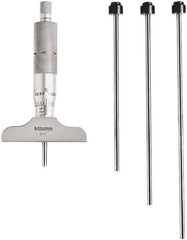 Mitutoyo - 0 to 4" Range, 4 Rod, Mechanical Depth Micrometer - Ratchet Stop Thimble, 2-1/2" Base Length, 0.01mm Graduation, 4.5mm Rod Diam - Americas Industrial Supply