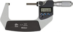 Mitutoyo - 2 to 3 Inch Range, 0 Inch Resolution, Standard Throat, IP65 Electronic Outside Micrometer - 0.0001 Inch Accuracy, Ratchet Friction Thimble, Rotating Spindle, SR44 Battery, Includes NIST Traceability Certification - Americas Industrial Supply