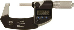 Mitutoyo - 1 to 2 Inch Range, 0 Inch Resolution, Standard Throat, IP65 Electronic Outside Micrometer - 0.0001 Inch Accuracy, Ratchet Friction Thimble, Rotating Spindle, SR44 Battery, Includes NIST Traceability Certification - Americas Industrial Supply