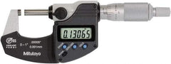 Mitutoyo - 0 to 1 Inch Range, 0.0001 Inch Resolution, Standard Throat, IP65 Electronic Outside Micrometer - 0.0001 Inch Accuracy, Ratchet Stop Thimble, Rotating Spindle, SR44 Battery, Includes NIST Traceability Certification - Americas Industrial Supply