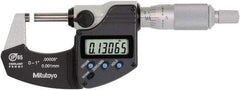 Mitutoyo - 0 to 1 Inch Range, 0 Inch Resolution, Standard Throat, IP65 Electronic Outside Micrometer - 0.0001 Inch Accuracy, Ratchet Stop Thimble, Rotating Spindle, SR44 Battery, Data Output, Includes NIST Traceability Certification - Americas Industrial Supply