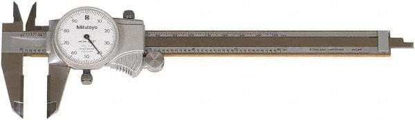 Mitutoyo - 0" to 6" Range, 0.001" Graduation, 1" per Revolution, Dial Caliper - White Face, Accurate to 0.1000", 40mm Jaw Length - Americas Industrial Supply