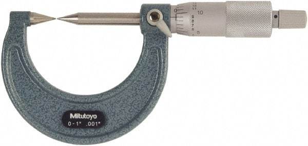 Mitutoyo - 1 Inch, 38mm Throat Depth, Ratchet Stop, Mechanical Point Micrometer - Accurate Up to 0.00015 Inch, 0.001 Inch Graduation, 30° Point Angle, 6.35mm Spindle Diameter - Americas Industrial Supply