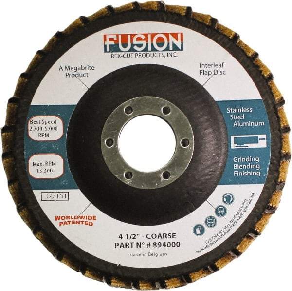 Rex Cut Product - 60 Grit, 4-1/2" Disc Diam, 7/8" Center Hole, Type 29 Aluminum Oxide Flap Disc - 13,300 Max RPM, Fiberglass Backing, Arbor Attaching System, Coated & Non-Woven Combo - Americas Industrial Supply