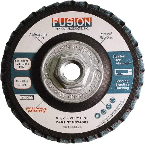 Rex Cut Product - 120 Grit, 4-1/2" Disc Diam, 5/8-11 Center Hole, Type 29 Aluminum Oxide Flap Disc - 13,300 Max RPM, Fiberglass Backing, Arbor Attaching System, Coated & Non-Woven Combo - Americas Industrial Supply