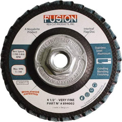Rex Cut Product - 120 Grit, 4-1/2" Disc Diam, 5/8-11 Center Hole, Type 29 Aluminum Oxide Flap Disc - 13,300 Max RPM, Fiberglass Backing, Arbor Attaching System, Coated & Non-Woven Combo - Americas Industrial Supply