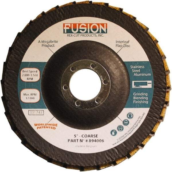 Rex Cut Product - 60 Grit, 5" Disc Diam, 7/8" Center Hole, Type 29 Aluminum Oxide Flap Disc - 12,200 Max RPM, Fiberglass Backing, Arbor Attaching System, Coated & Non-Woven Combo - Americas Industrial Supply