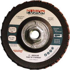 Rex Cut Product - 80 Grit, 5" Disc Diam, 5/8-11 Center Hole, Type 29 Aluminum Oxide Flap Disc - 12,200 Max RPM, Fiberglass Backing, Arbor Attaching System, Coated & Non-Woven Combo - Americas Industrial Supply