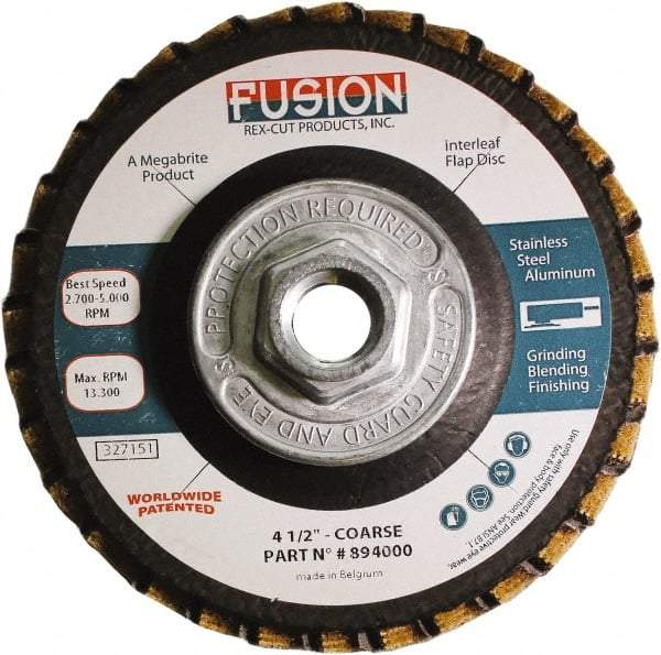 Rex Cut Product - 60 Grit, 4-1/2" Disc Diam, 5/8-11 Center Hole, Type 29 Aluminum Oxide Flap Disc - 13,300 Max RPM, Fiberglass Backing, Arbor Attaching System, Coated & Non-Woven Combo - Americas Industrial Supply