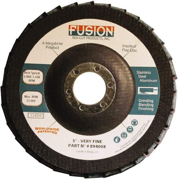 Rex Cut Product - 120 Grit, 5" Disc Diam, 7/8" Center Hole, Type 29 Aluminum Oxide Flap Disc - 12,200 Max RPM, Fiberglass Backing, Arbor Attaching System, Coated & Non-Woven Combo - Americas Industrial Supply