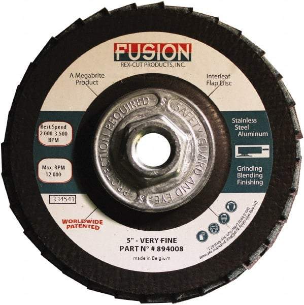 Rex Cut Product - 120 Grit, 5" Disc Diam, 5/8-11 Center Hole, Type 29 Aluminum Oxide Flap Disc - 12,200 Max RPM, Fiberglass Backing, Arbor Attaching System, Coated & Non-Woven Combo - Americas Industrial Supply