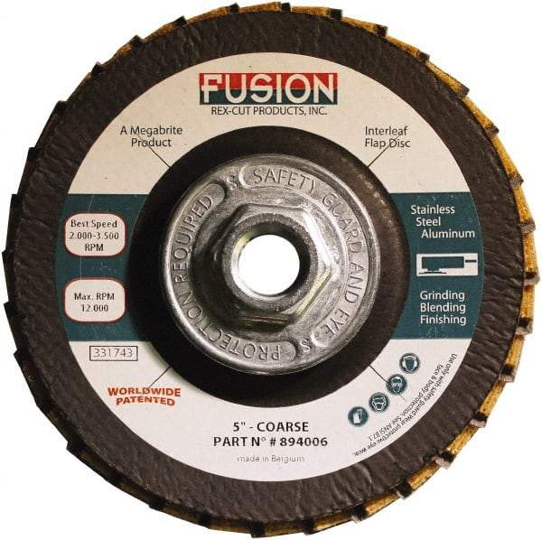 Rex Cut Product - 60 Grit, 5" Disc Diam, 5/8-11 Center Hole, Type 29 Aluminum Oxide Flap Disc - 12,200 Max RPM, Fiberglass Backing, Arbor Attaching System, Coated & Non-Woven Combo - Americas Industrial Supply