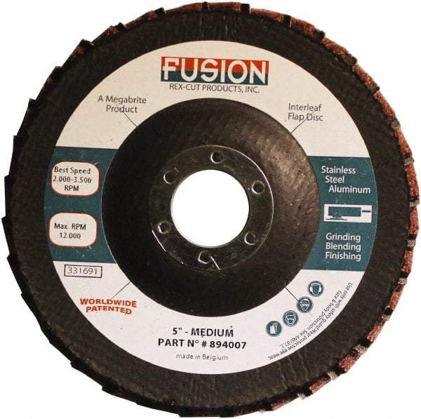 Rex Cut Product - 80 Grit, 5" Disc Diam, 7/8" Center Hole, Type 29 Aluminum Oxide Flap Disc - 12,200 Max RPM, Fiberglass Backing, Arbor Attaching System, Coated & Non-Woven Combo - Americas Industrial Supply