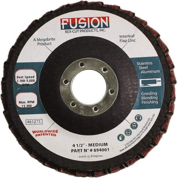 Rex Cut Product - 80 Grit, 4-1/2" Disc Diam, 7/8" Center Hole, Type 29 Aluminum Oxide Flap Disc - 13,300 Max RPM, Fiberglass Backing, Arbor Attaching System, Coated & Non-Woven Combo - Americas Industrial Supply