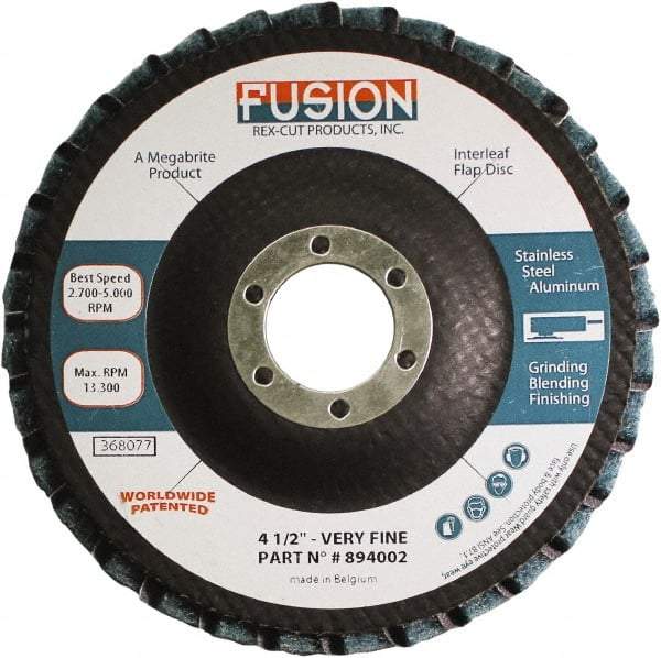 Rex Cut Product - 120 Grit, 4-1/2" Disc Diam, 7/8" Center Hole, Type 29 Aluminum Oxide Flap Disc - 13,300 Max RPM, Fiberglass Backing, Arbor Attaching System, Coated & Non-Woven Combo - Americas Industrial Supply