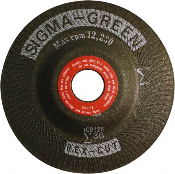 Rex Cut Product - 36 Grit, 5" Wheel Diam, 7/8" Arbor Hole, Type 27 Depressed Center Wheel - Zirconia Alumina/Aluminum Oxide Blend - Americas Industrial Supply
