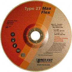 Rex Cut Product - 54 Grit, 7" Wheel Diam, 5/32" Wheel Thickness, 7/8" Arbor Hole, Type 27 Depressed Center Wheel - Aluminum Oxide, 8,500 Max RPM - Americas Industrial Supply