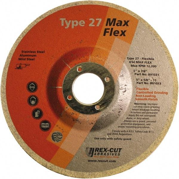 Rex Cut Product - 54 Grit, 5" Wheel Diam, 5/32" Wheel Thickness, 7/8" Arbor Hole, Type 27 Depressed Center Wheel - Aluminum Oxide, 12,200 Max RPM - Americas Industrial Supply