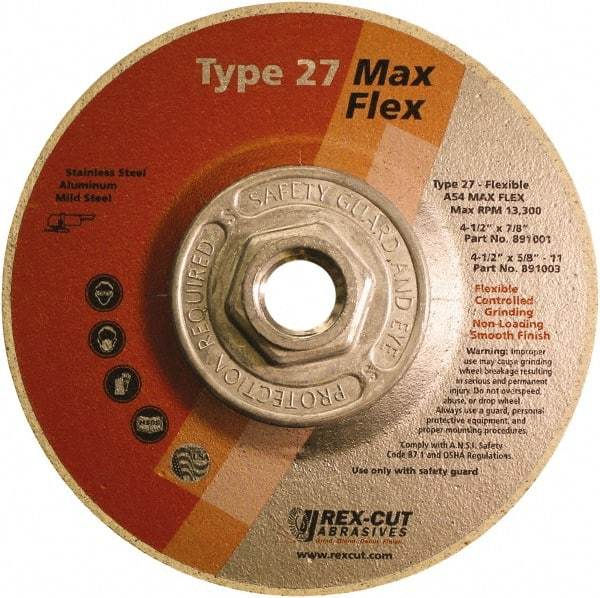 Rex Cut Product - 54 Grit, 4-1/2" Wheel Diam, 5/32" Wheel Thickness, Type 27 Depressed Center Wheel - Aluminum Oxide, 13,300 Max RPM - Americas Industrial Supply