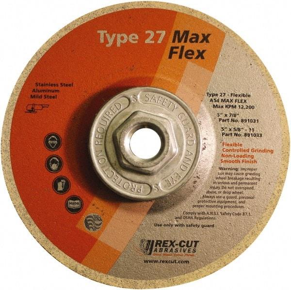 Rex Cut Product - 54 Grit, 5" Wheel Diam, 5/32" Wheel Thickness, Type 27 Depressed Center Wheel - Aluminum Oxide, 12,200 Max RPM - Americas Industrial Supply