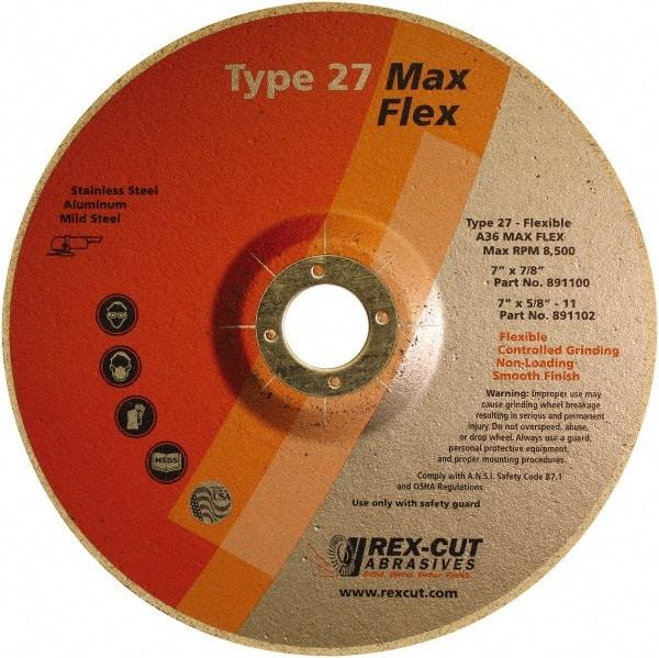 Rex Cut Product - 36 Grit, 7" Wheel Diam, 5/32" Wheel Thickness, 7/8" Arbor Hole, Type 27 Depressed Center Wheel - Aluminum Oxide, 8,500 Max RPM - Americas Industrial Supply