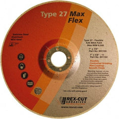 Rex Cut Product - 36 Grit, 7" Wheel Diam, 5/32" Wheel Thickness, 7/8" Arbor Hole, Type 27 Depressed Center Wheel - Aluminum Oxide, 8,500 Max RPM - Americas Industrial Supply