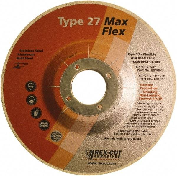 Rex Cut Product - 54 Grit, 4-1/2" Wheel Diam, 5/32" Wheel Thickness, 7/8" Arbor Hole, Type 27 Depressed Center Wheel - Aluminum Oxide, 13,300 Max RPM - Americas Industrial Supply