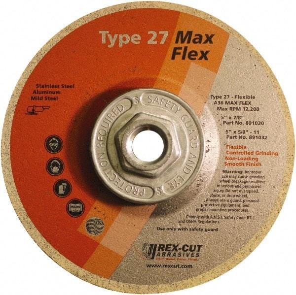 Rex Cut Product - 36 Grit, 5" Wheel Diam, 5/32" Wheel Thickness, Type 27 Depressed Center Wheel - Aluminum Oxide, 12,200 Max RPM - Americas Industrial Supply