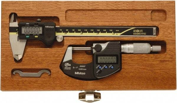 Mitutoyo - 4 Piece, Caliberated Machinist Caliper and Micrometer Tool Kit - 0 to 6 Inch Caliper, 0.0005 Inch Caliper Resoluion, 0 to 1 Inch Micrometer, 0.0001 Inch Graduation, 0.0005 Inch Resoluion - Americas Industrial Supply